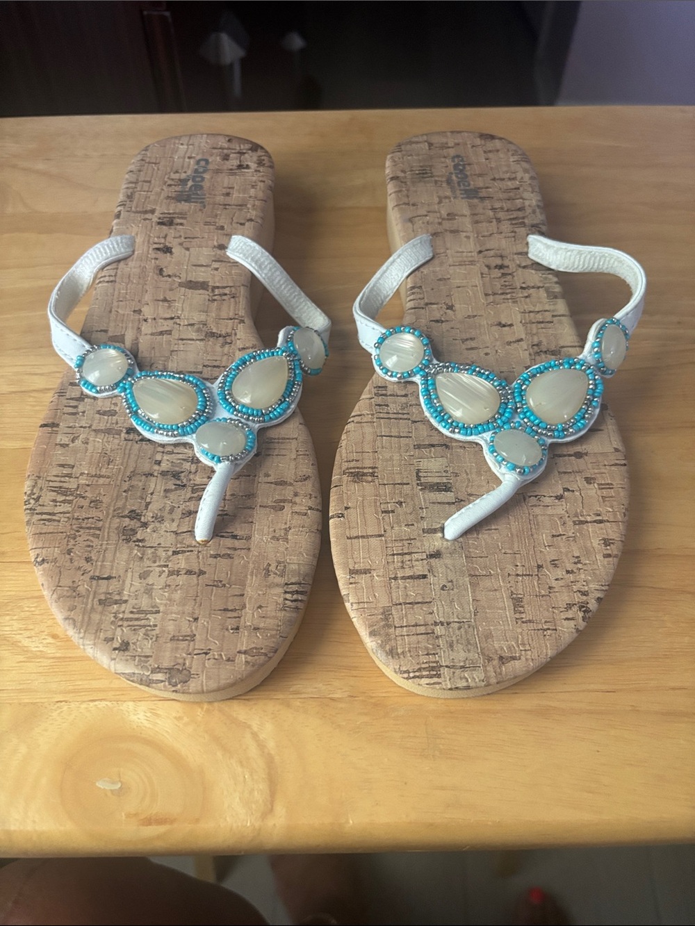 Capelli of New York White Sandal Thongs with Turquoise Beading